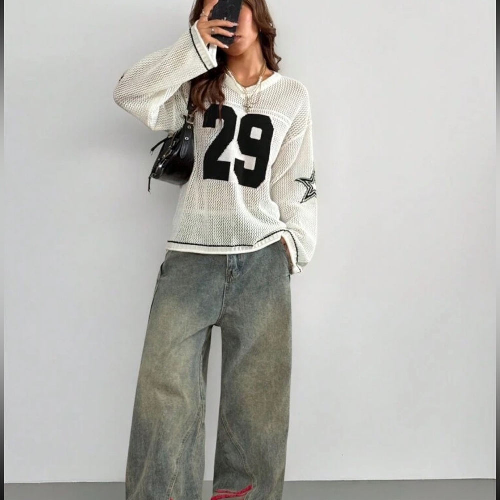Crochet sweater Star sporty top v neck number Women's Gray Jeans white - Picture 2 of 4
